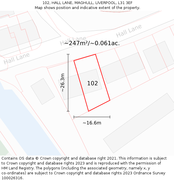 102, HALL LANE, MAGHULL, LIVERPOOL, L31 3EF: Plot and title map