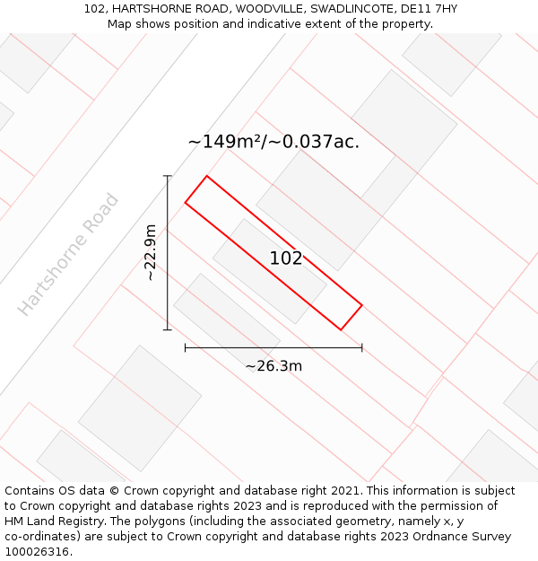 102, HARTSHORNE ROAD, WOODVILLE, SWADLINCOTE, DE11 7HY: Plot and title map