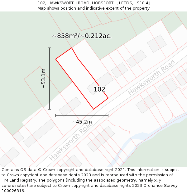 102, HAWKSWORTH ROAD, HORSFORTH, LEEDS, LS18 4JJ: Plot and title map
