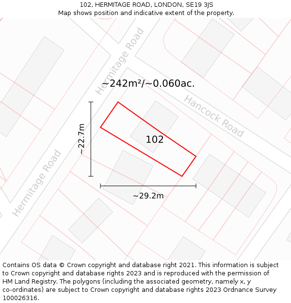 102, HERMITAGE ROAD, LONDON, SE19 3JS: Plot and title map