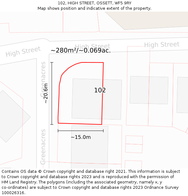 102, HIGH STREET, OSSETT, WF5 9RY: Plot and title map