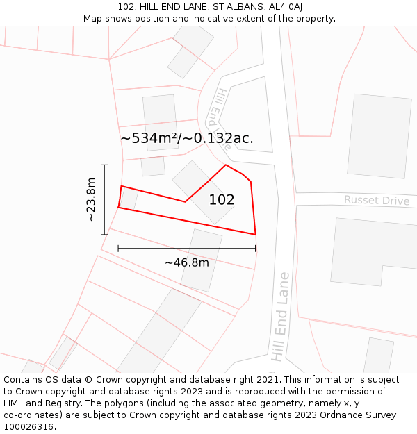 102, HILL END LANE, ST ALBANS, AL4 0AJ: Plot and title map