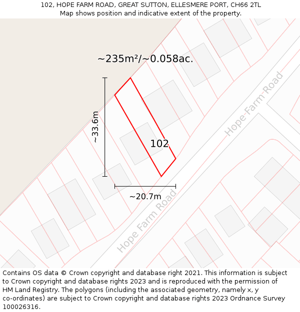 102, HOPE FARM ROAD, GREAT SUTTON, ELLESMERE PORT, CH66 2TL: Plot and title map