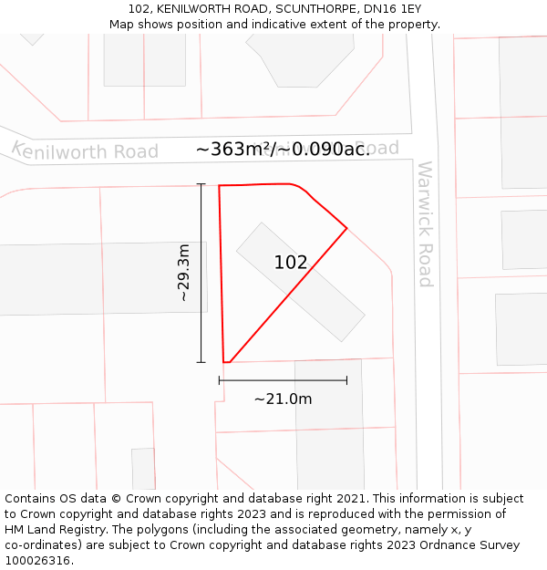 102, KENILWORTH ROAD, SCUNTHORPE, DN16 1EY: Plot and title map