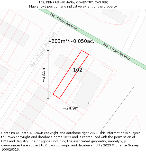 102, KENPAS HIGHWAY, COVENTRY, CV3 6BQ: Plot and title map