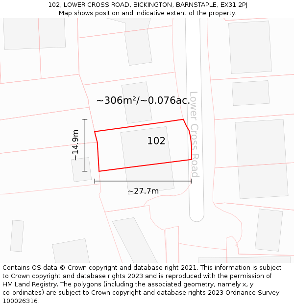 102, LOWER CROSS ROAD, BICKINGTON, BARNSTAPLE, EX31 2PJ: Plot and title map