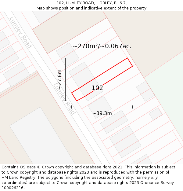 102, LUMLEY ROAD, HORLEY, RH6 7JJ: Plot and title map