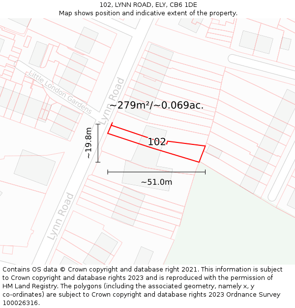 102, LYNN ROAD, ELY, CB6 1DE: Plot and title map