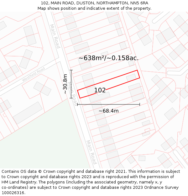 102, MAIN ROAD, DUSTON, NORTHAMPTON, NN5 6RA: Plot and title map