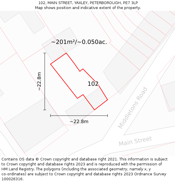 102, MAIN STREET, YAXLEY, PETERBOROUGH, PE7 3LP: Plot and title map