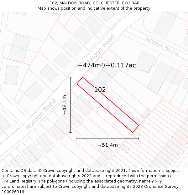 102, MALDON ROAD, COLCHESTER, CO3 3AP: Plot and title map