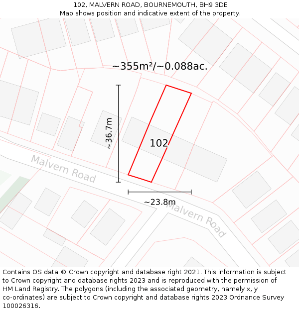 102, MALVERN ROAD, BOURNEMOUTH, BH9 3DE: Plot and title map