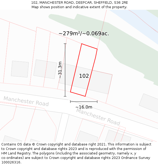 102, MANCHESTER ROAD, DEEPCAR, SHEFFIELD, S36 2RE: Plot and title map