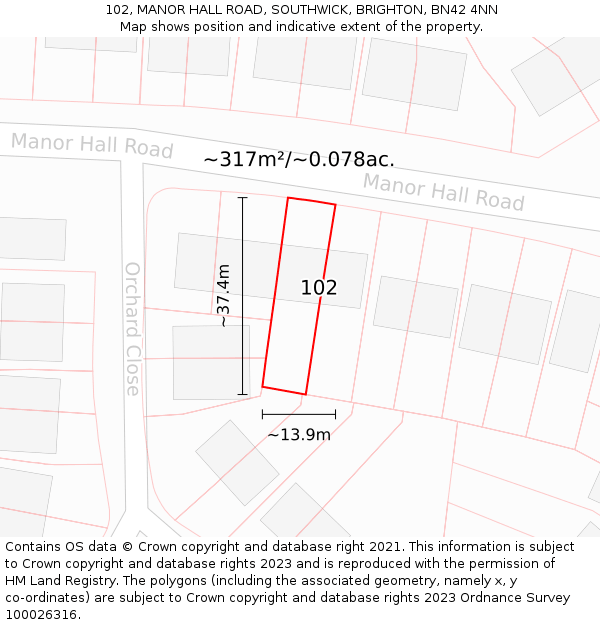 102, MANOR HALL ROAD, SOUTHWICK, BRIGHTON, BN42 4NN: Plot and title map