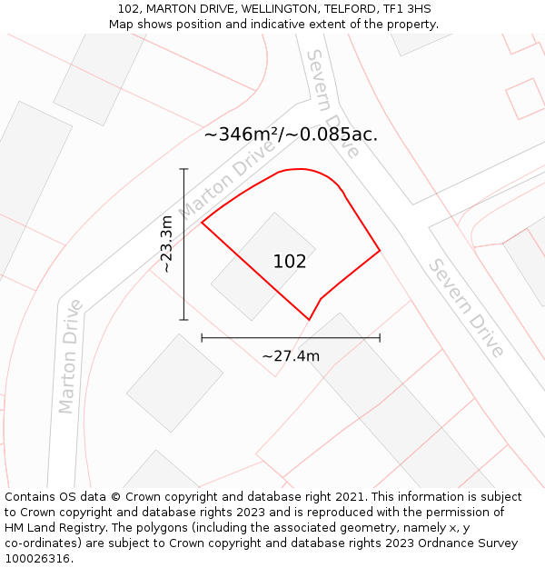102, MARTON DRIVE, WELLINGTON, TELFORD, TF1 3HS: Plot and title map