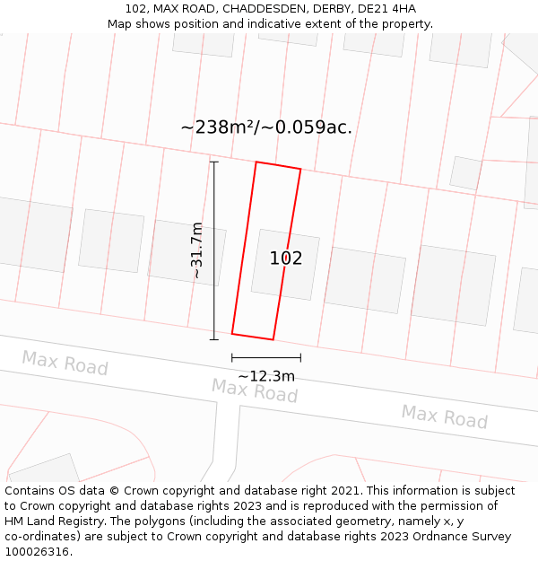 102, MAX ROAD, CHADDESDEN, DERBY, DE21 4HA: Plot and title map