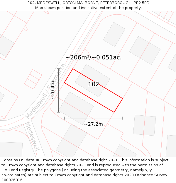 102, MEDESWELL, ORTON MALBORNE, PETERBOROUGH, PE2 5PD: Plot and title map