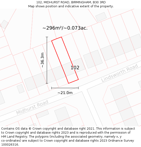 102, MIDHURST ROAD, BIRMINGHAM, B30 3RD: Plot and title map