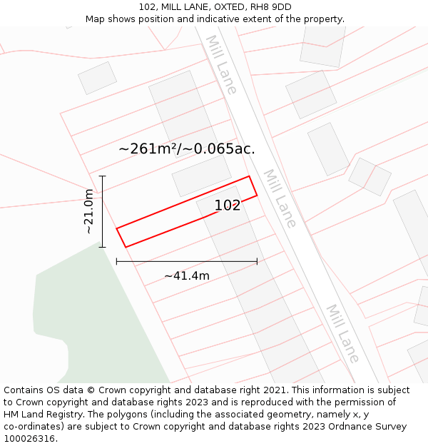 102, MILL LANE, OXTED, RH8 9DD: Plot and title map