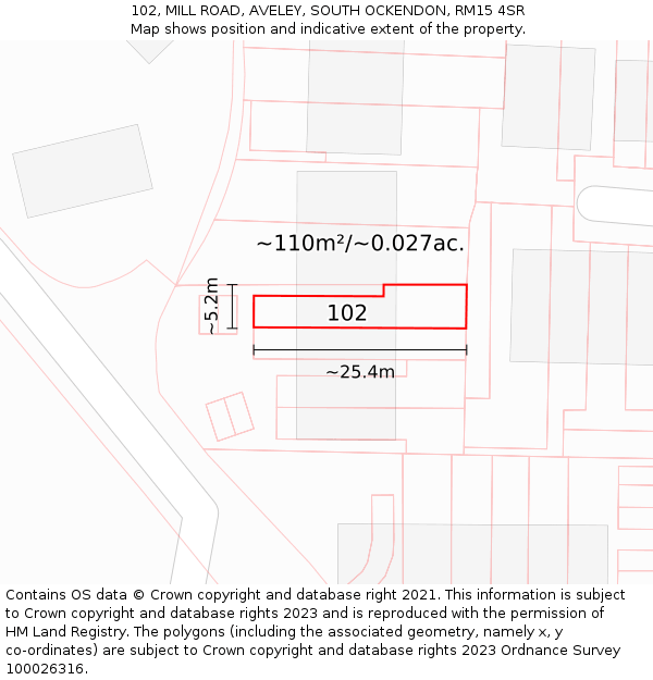 102, MILL ROAD, AVELEY, SOUTH OCKENDON, RM15 4SR: Plot and title map