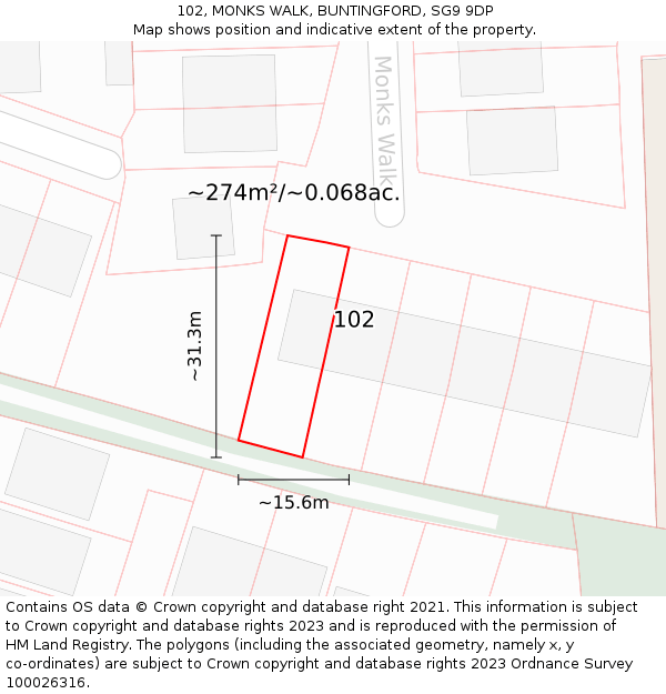 102, MONKS WALK, BUNTINGFORD, SG9 9DP: Plot and title map