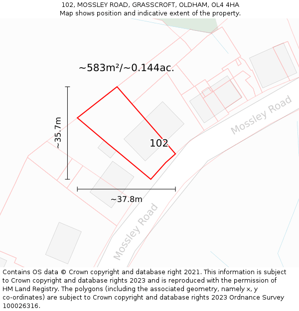 102, MOSSLEY ROAD, GRASSCROFT, OLDHAM, OL4 4HA: Plot and title map