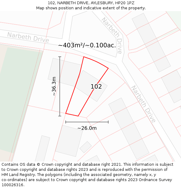 102, NARBETH DRIVE, AYLESBURY, HP20 1PZ: Plot and title map