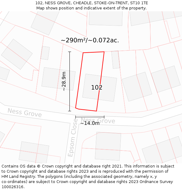 102, NESS GROVE, CHEADLE, STOKE-ON-TRENT, ST10 1TE: Plot and title map