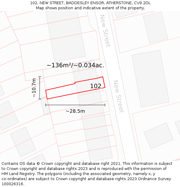 102, NEW STREET, BADDESLEY ENSOR, ATHERSTONE, CV9 2DL: Plot and title map