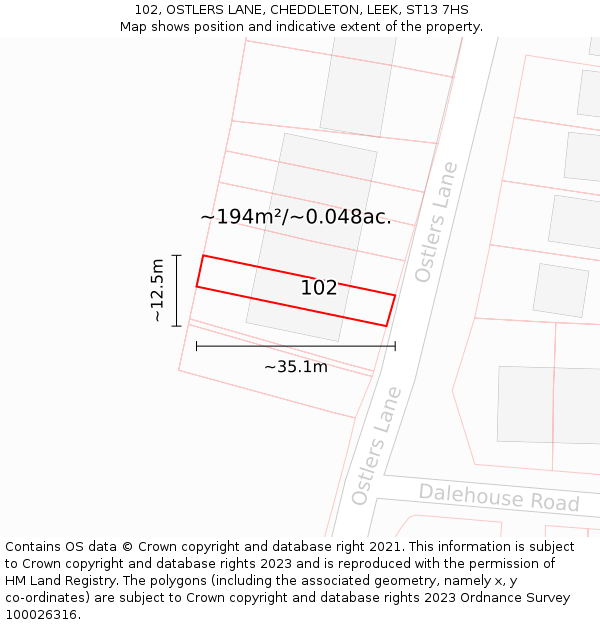 102, OSTLERS LANE, CHEDDLETON, LEEK, ST13 7HS: Plot and title map