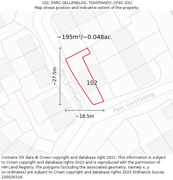 102, PARC GELLIFAELOG, TONYPANDY, CF40 1DU: Plot and title map