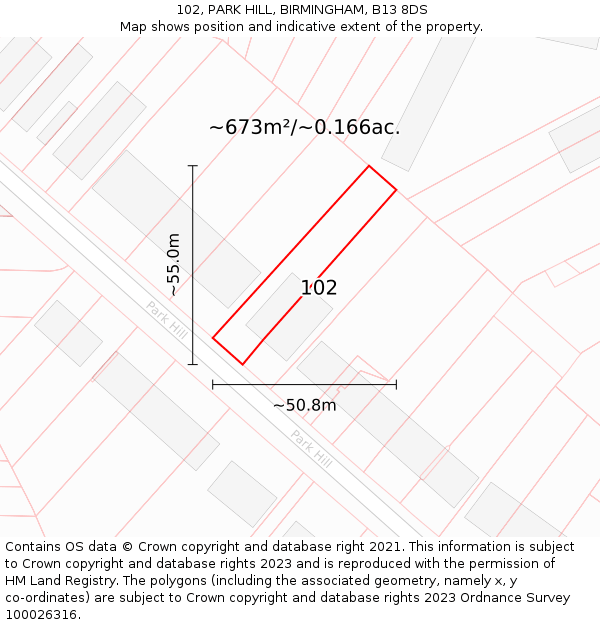 102, PARK HILL, BIRMINGHAM, B13 8DS: Plot and title map