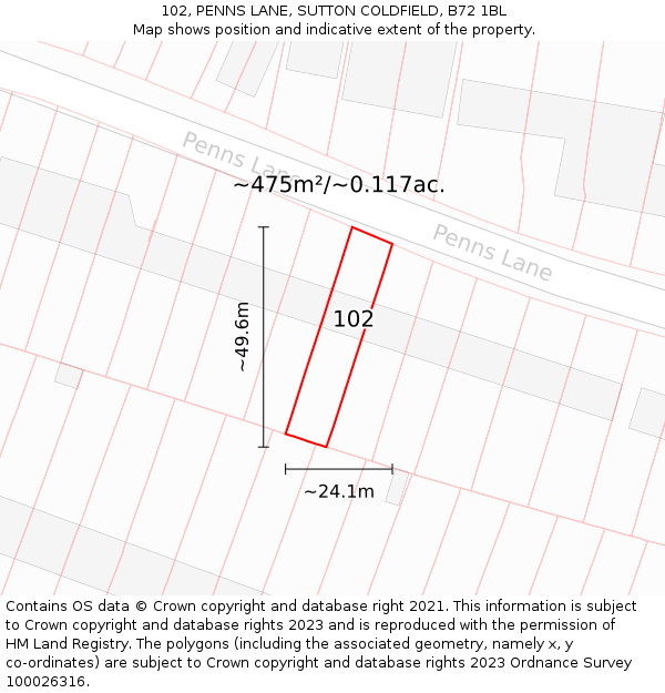 102, PENNS LANE, SUTTON COLDFIELD, B72 1BL: Plot and title map
