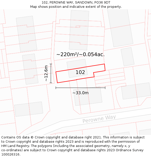 102, PEROWNE WAY, SANDOWN, PO36 9DT: Plot and title map