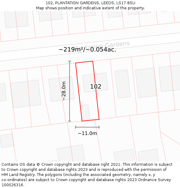 102, PLANTATION GARDENS, LEEDS, LS17 8SU: Plot and title map