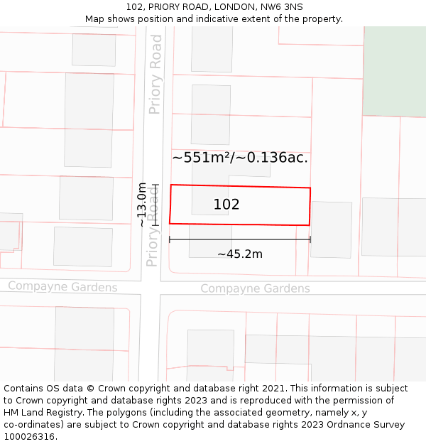 102, PRIORY ROAD, LONDON, NW6 3NS: Plot and title map