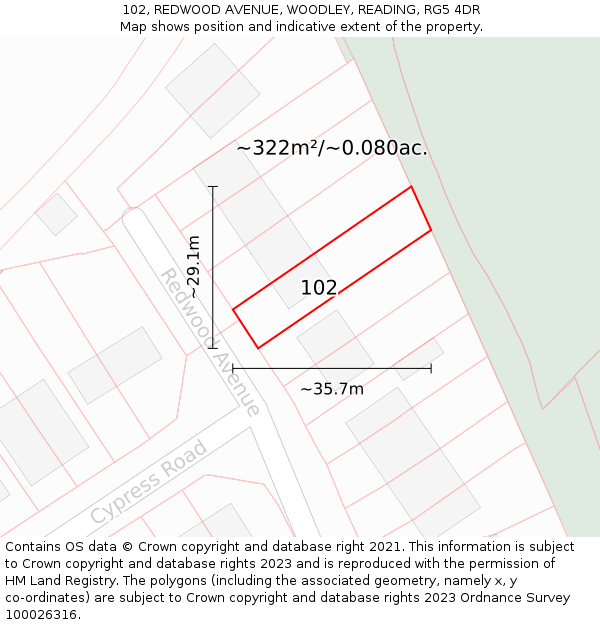 102, REDWOOD AVENUE, WOODLEY, READING, RG5 4DR: Plot and title map