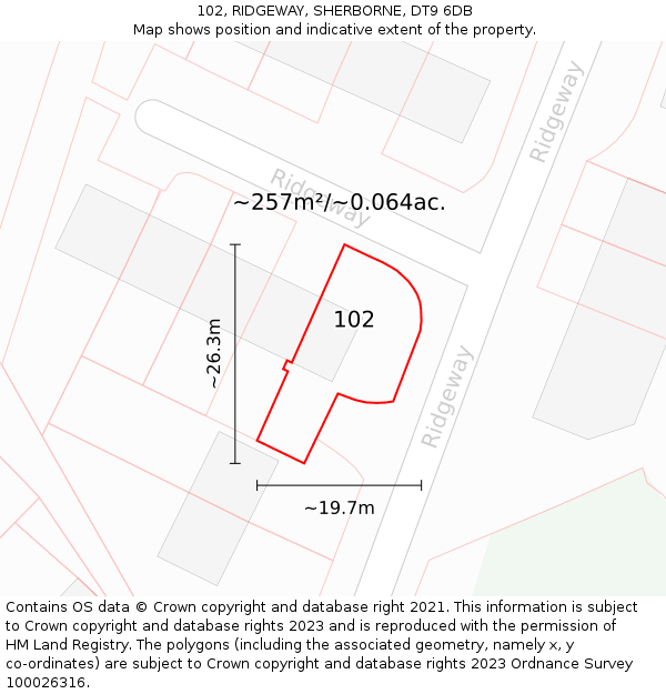 102, RIDGEWAY, SHERBORNE, DT9 6DB: Plot and title map