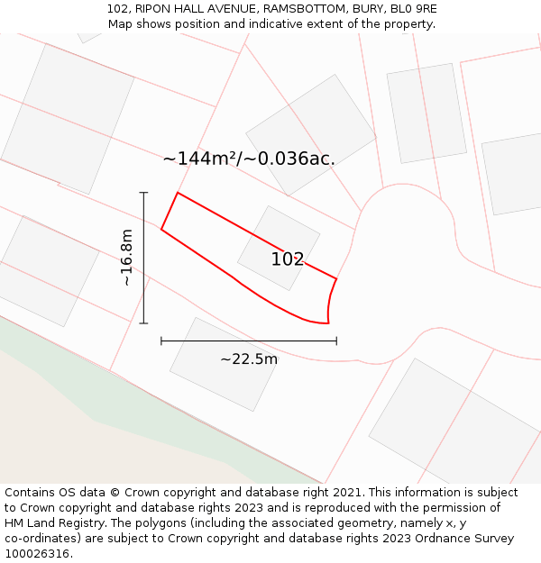 102, RIPON HALL AVENUE, RAMSBOTTOM, BURY, BL0 9RE: Plot and title map