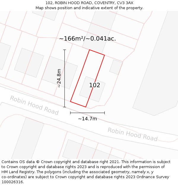 102, ROBIN HOOD ROAD, COVENTRY, CV3 3AX: Plot and title map