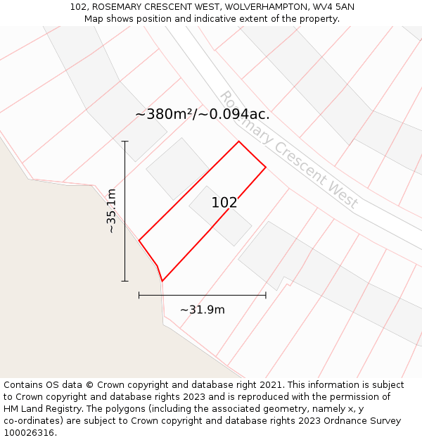 102, ROSEMARY CRESCENT WEST, WOLVERHAMPTON, WV4 5AN: Plot and title map
