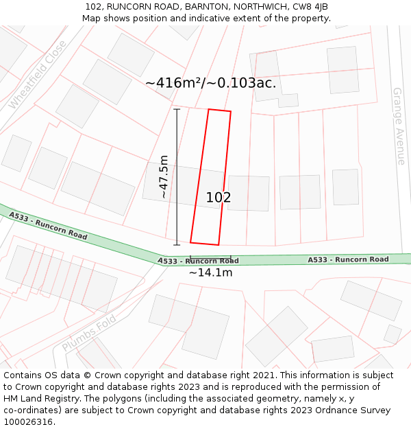 102, RUNCORN ROAD, BARNTON, NORTHWICH, CW8 4JB: Plot and title map