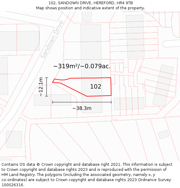 102, SANDOWN DRIVE, HEREFORD, HR4 9TB: Plot and title map