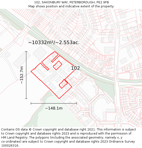 102, SAXONBURY WAY, PETERBOROUGH, PE2 9FB: Plot and title map