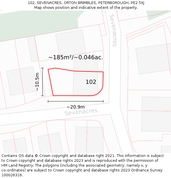 102, SEVENACRES, ORTON BRIMBLES, PETERBOROUGH, PE2 5XJ: Plot and title map