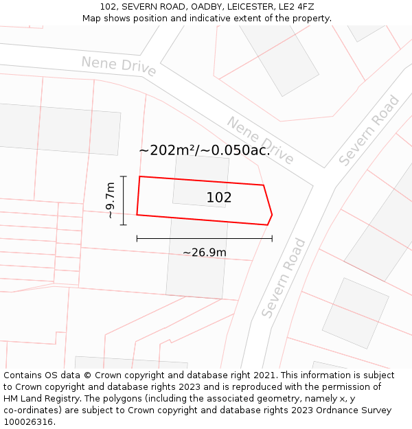 102, SEVERN ROAD, OADBY, LEICESTER, LE2 4FZ: Plot and title map