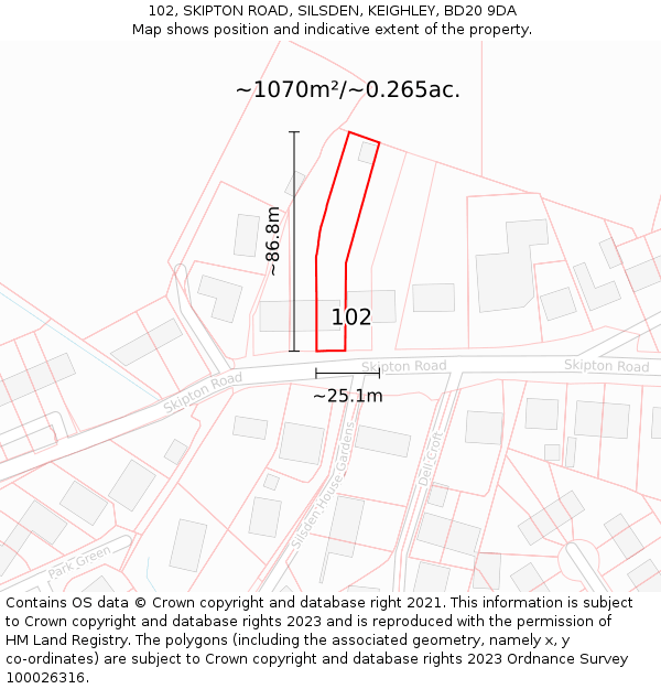102, SKIPTON ROAD, SILSDEN, KEIGHLEY, BD20 9DA: Plot and title map