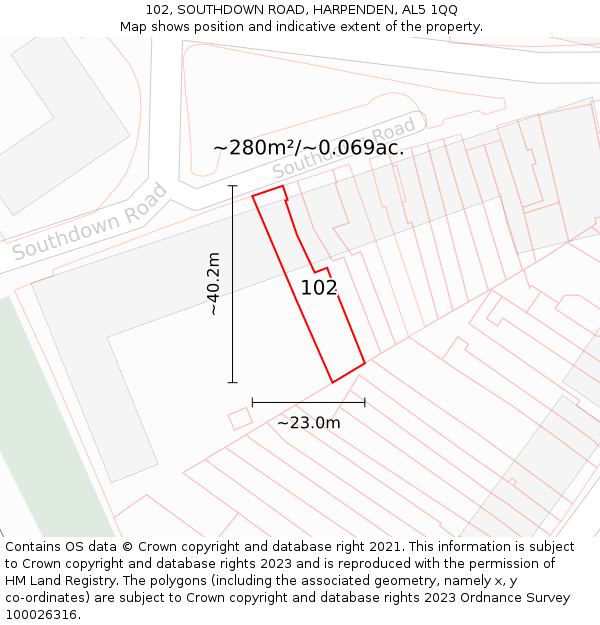 102, SOUTHDOWN ROAD, HARPENDEN, AL5 1QQ: Plot and title map