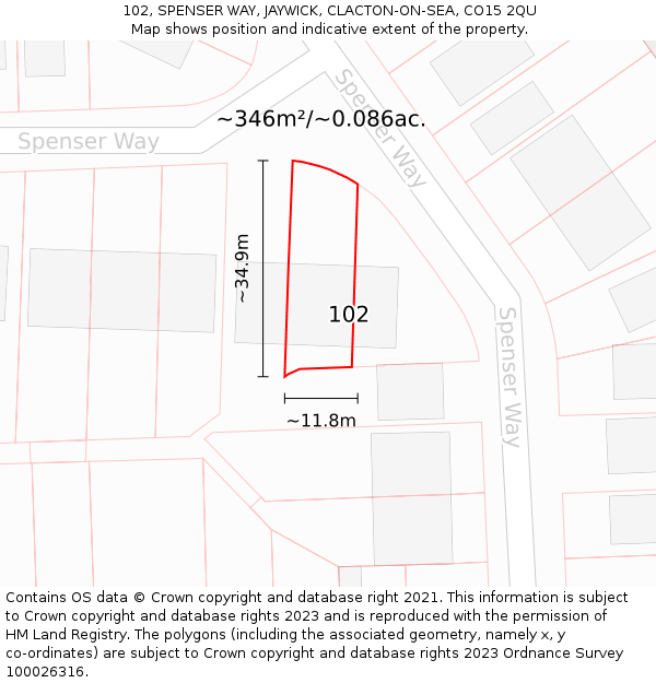 102, SPENSER WAY, JAYWICK, CLACTON-ON-SEA, CO15 2QU: Plot and title map
