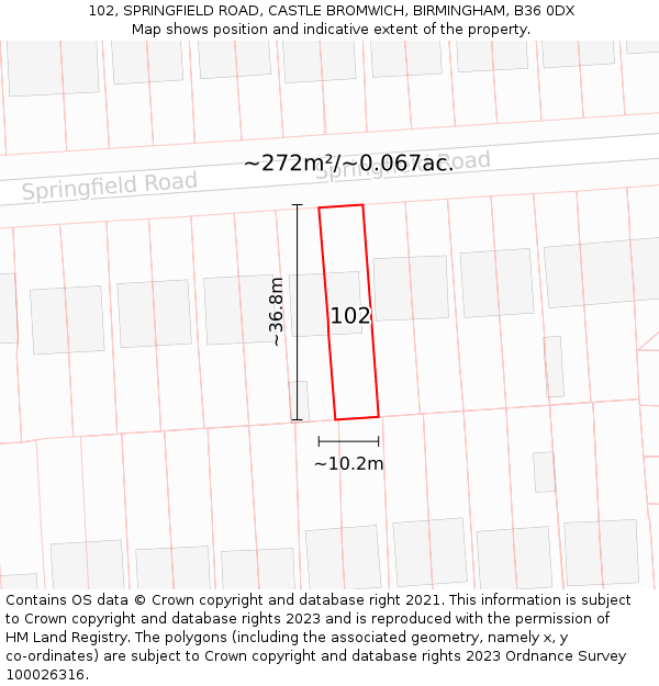102, SPRINGFIELD ROAD, CASTLE BROMWICH, BIRMINGHAM, B36 0DX: Plot and title map
